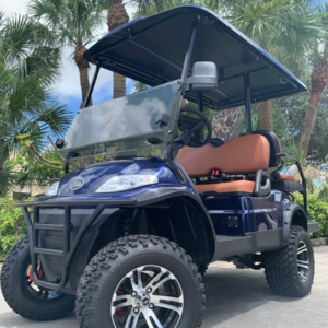 dark blue elite ev 4 passenger lifted golf cart