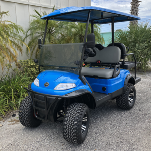light blue elite ev 4 passenger lifted golf cart