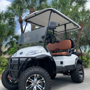 white elite ev 4 passenger lifted golf cart