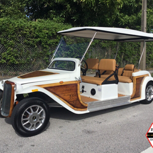 new 2024 white woody america ev california roadster limo 6 passenger golf cart