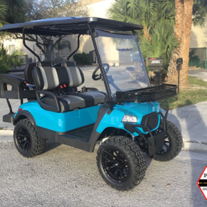 new aqua blue aluma 4 passenger lifted golf cart